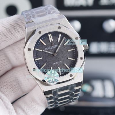 Copy Audemars Piguet Royal Oak watch Black Dial Silver Bezel Stainless Steel Strap 